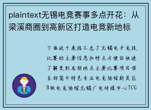 plaintext无锡电竞赛事多点开花：从梁溪商圈到高新区打造电竞新地标