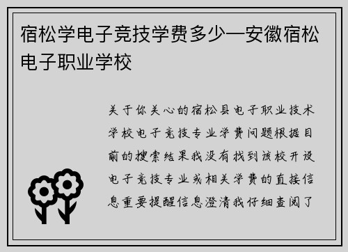 宿松学电子竞技学费多少—安徽宿松电子职业学校
